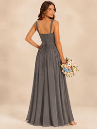 Spaghetti Straps Pleated Chiffon Bridesmaid Dress with Ruffle Slit