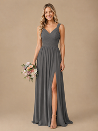 Pleated Chiffon V Neck Wedding Bridesmaid Dresses Floor Length with Slit
