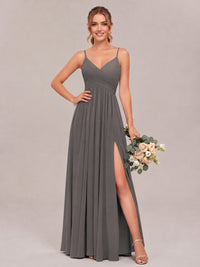 Grey Spaghetti Straps Pleated Chiffon Bridesmaid Dress with Slit V-Neck A-line Long Formal Evening Wedding Guest Gown