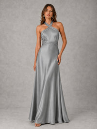 Sage Green Satin A-Line Bridesmaid Dress with Halter Neck