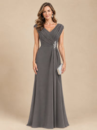 V Neck Pleated Mother of The Bride Dresses with Beading Cap Sleeves