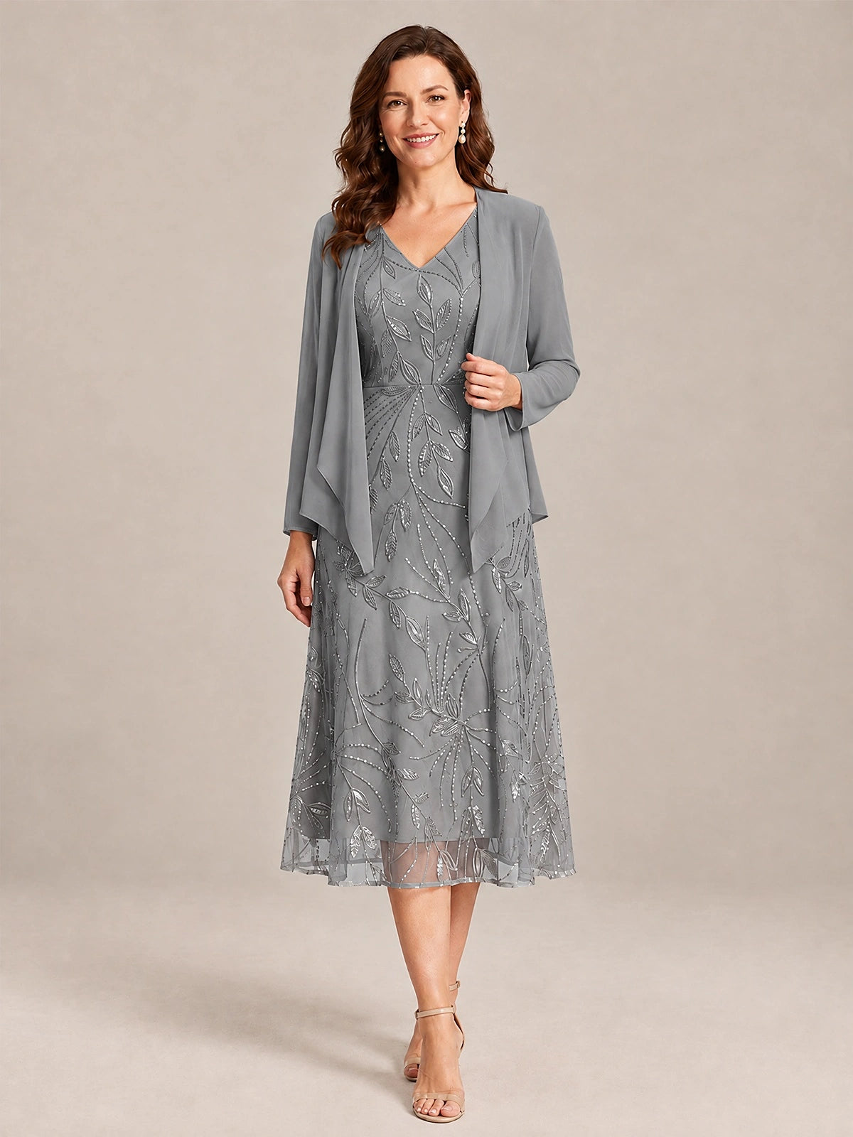 Grey-2 Piece Lace Appliques Chiffon Mother of The Bride Dress with Sequin