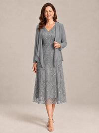 Grey-2 Piece Lace Appliques Chiffon Mother of The Bride Dress with Sequin