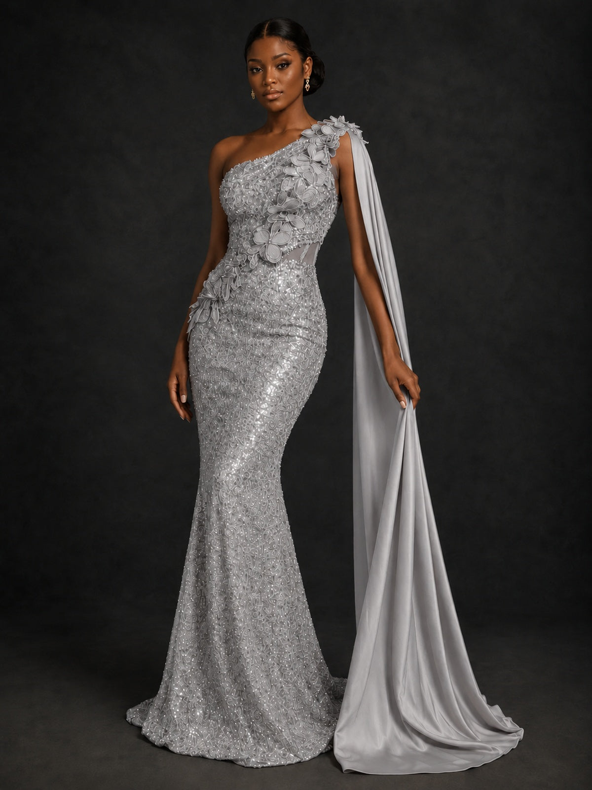 Gold Sequin One Shoulder Mermaid Prom Dress with Cape
