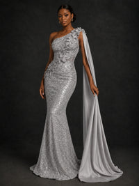 Gold Sequin One Shoulder Mermaid Prom Dress with Cape