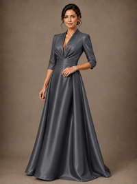 V-Neck Pleated Satin Mother of the Bride Gown with 3/4 Sleeves