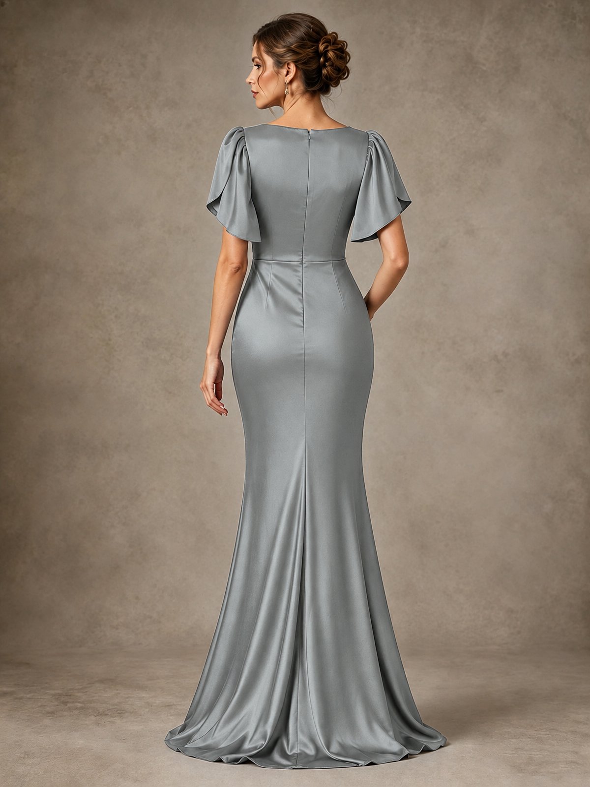 V-Neck Satin Mother of the Bride Dress with Flutter Sleeves