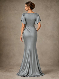 V-Neck Satin Mother of the Bride Dress with Flutter Sleeves