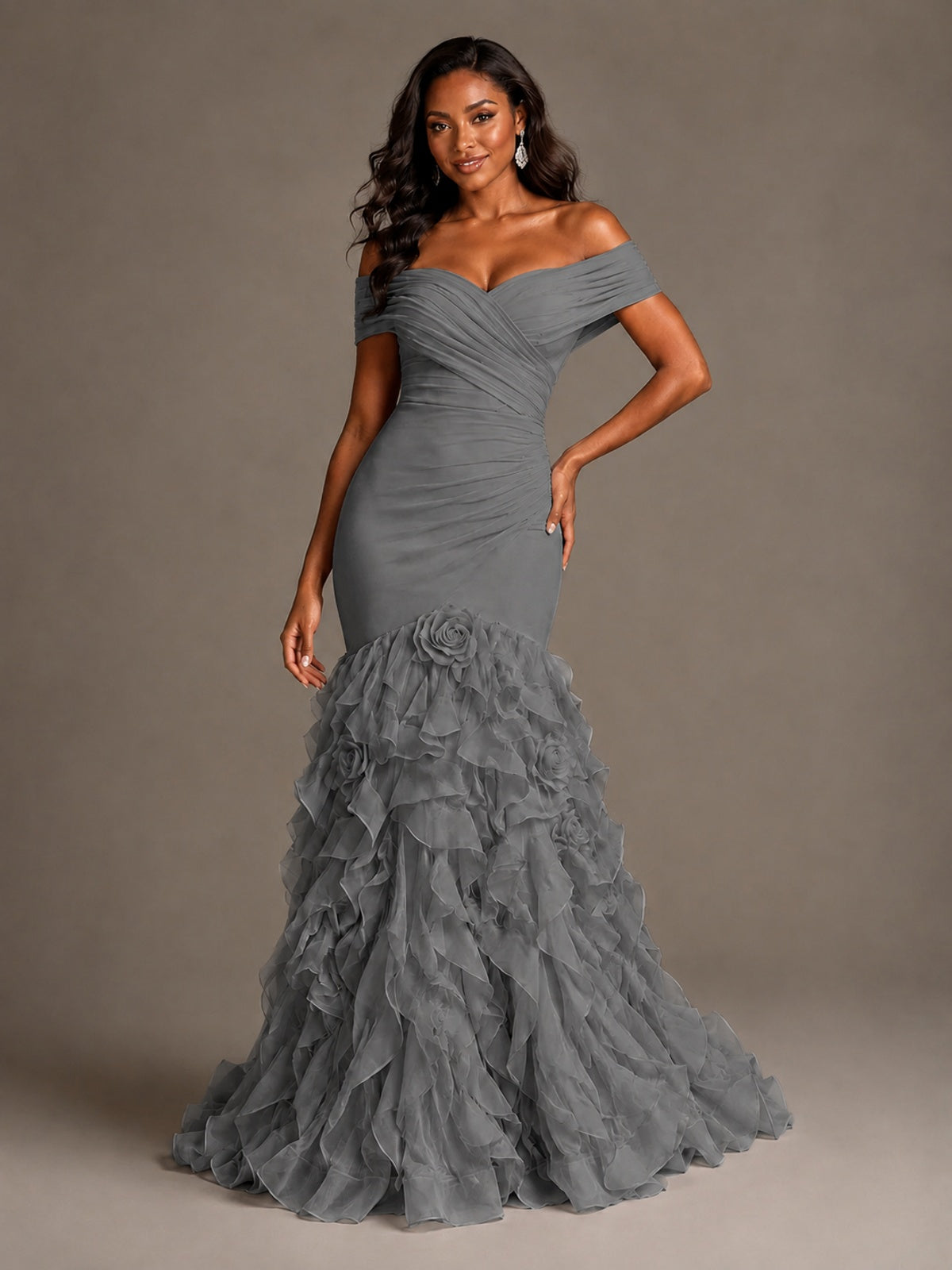 Pink Off-the-Shoulder Mermaid Prom Dress with Ruffles 3D Flowers