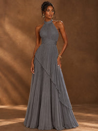 Wrap Pleated Prom Dress Halter A-line Chiffon Formal Wedding Dress