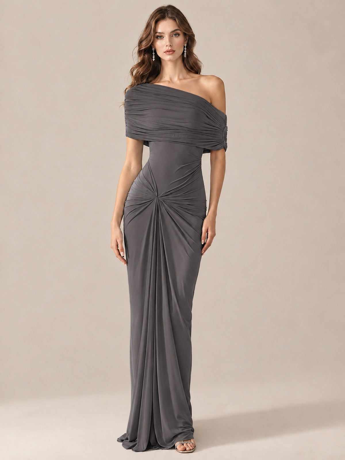 Elegant Draped Off Shoulder Ruched Mermaid Chiffon Formal Evening Gown