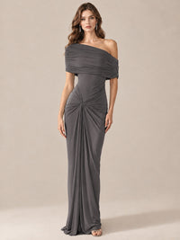 Elegant Draped Off Shoulder Ruched Mermaid Chiffon Formal Evening Gown