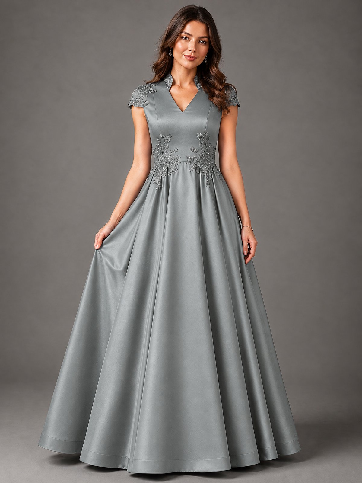 Lace Appliqué A-Line Satin Maxi Dress