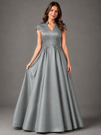 Lace Appliqué A-Line Satin Maxi Dress