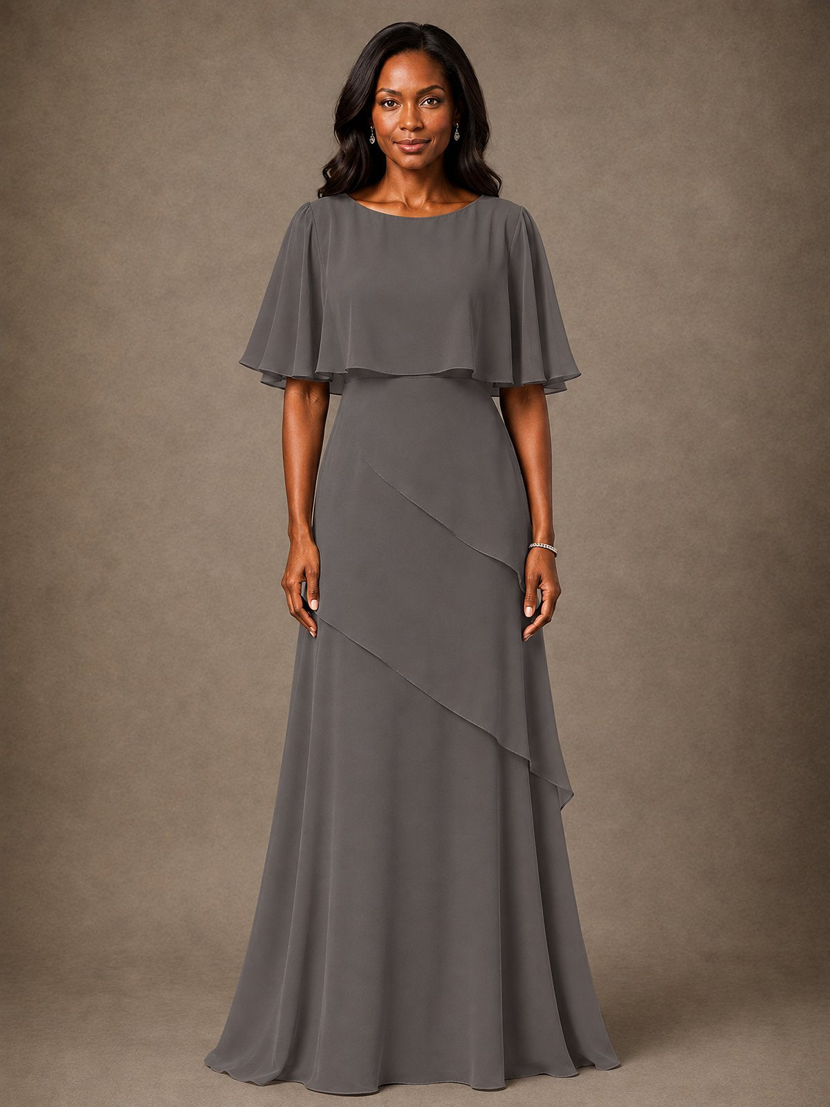 Taupe Chiffon A-Line Mother of the Bride Dress with Cape Sleeves