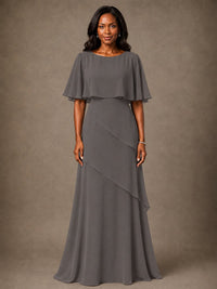 Taupe Chiffon A-Line Mother of the Bride Dress with Cape Sleeves