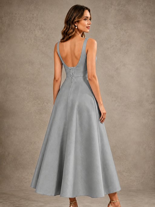Tea-Length Satin Mother of the Bride Dress with 3D Flower Detail