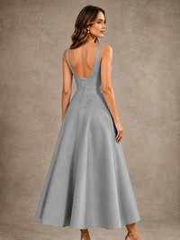 Tea-Length Satin Mother of the Bride Dress with 3D Flower Detail