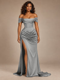 Burgundy Off-the-Shoulder Satin Corset Prom Dress with Slit