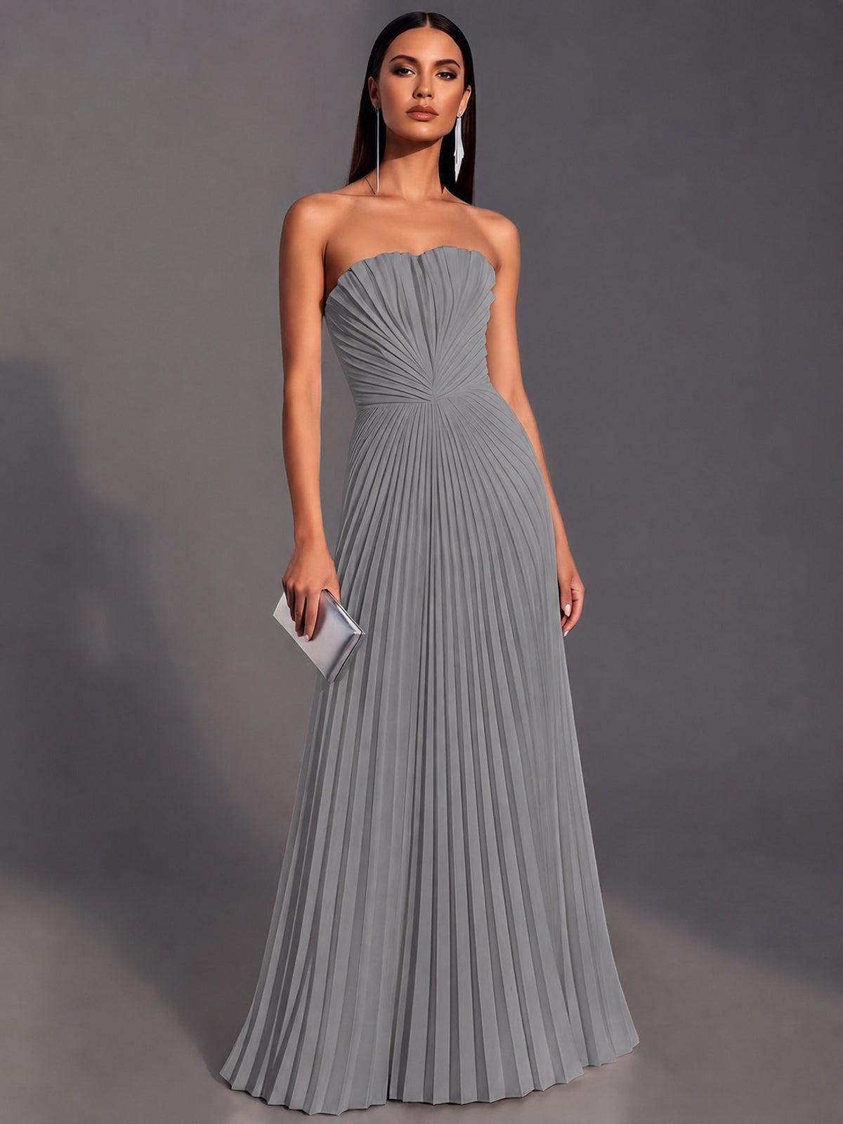 Grey Strapless Pleated Satin Prom Dress Long Formal Gown Evening Dress