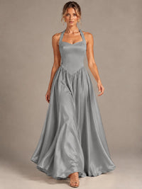 Light Yellow Halter Neck Satin A-Line Maxi Dress with Pockets