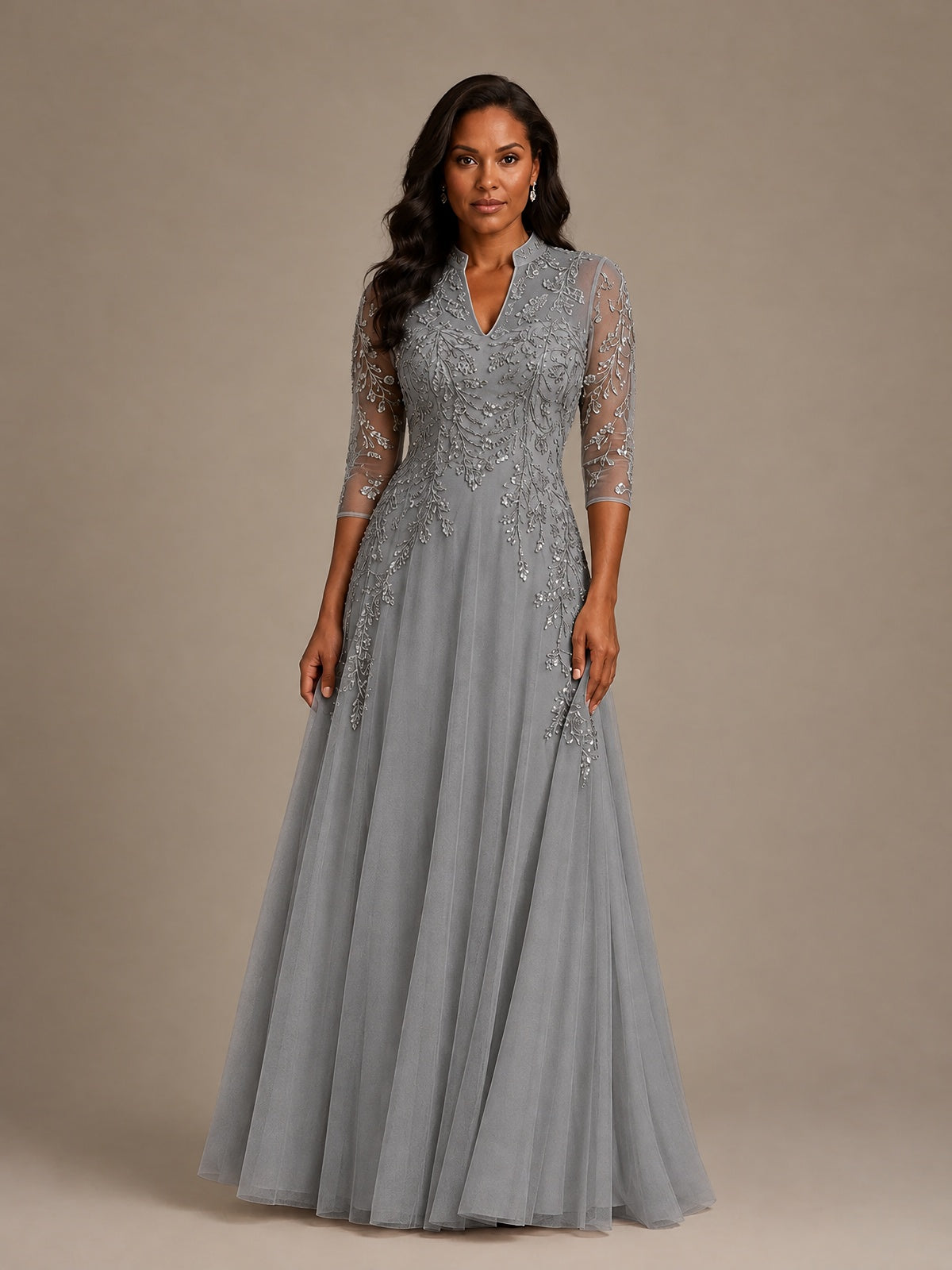 Embellished Appliques Mother of the Bride Dress with 3/4 Sleeves