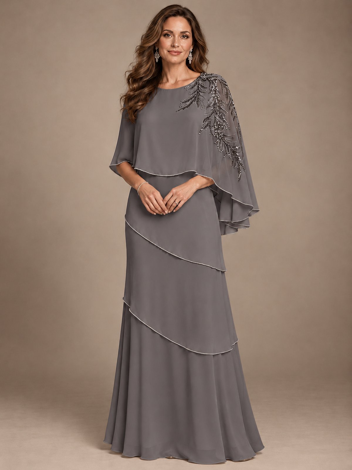 Elegant Chiffon Cape Sleeve Beaded Mother of the Bride Dress