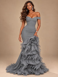 Dusty Blue Off-the-Shoulder Mermaid Prom Dress with 3D Rose & Ruffles