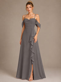 Spaghetti Strap Chiffon Bridesmaid Dress with Ruffles Slit
