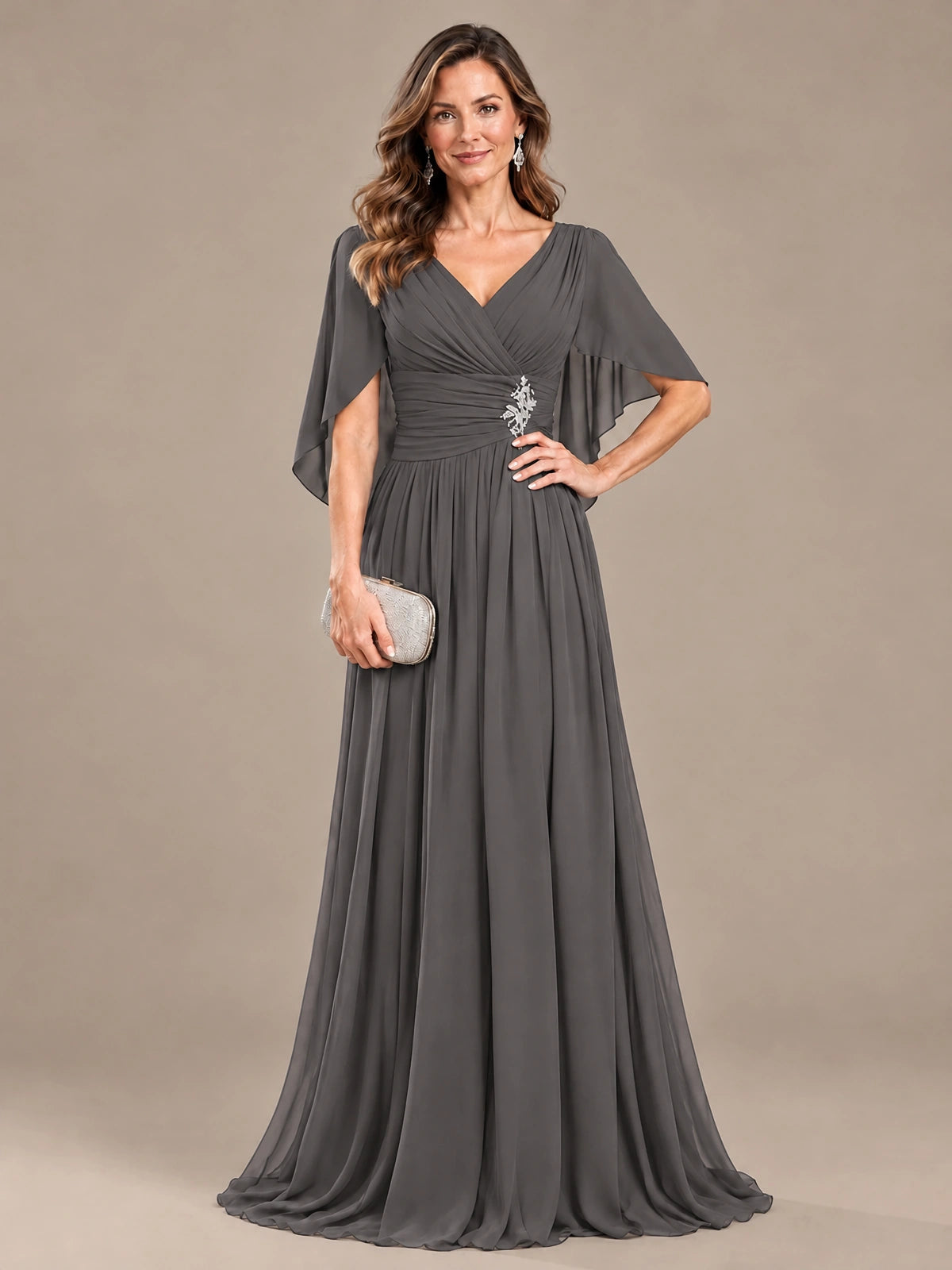 Ruched V Neck Mother of The Bride Dresses with Shawls Appliques and Cap Sleeves