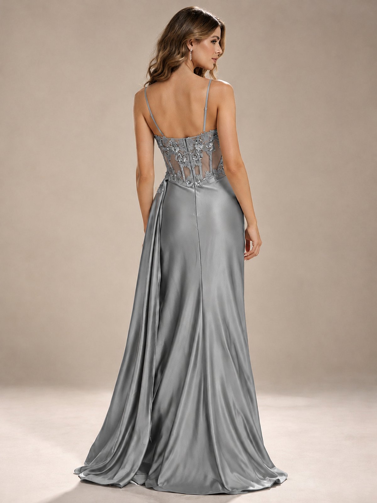 Mermaid Satin Prom Dress with Floral Appliqué Corset and High Slit