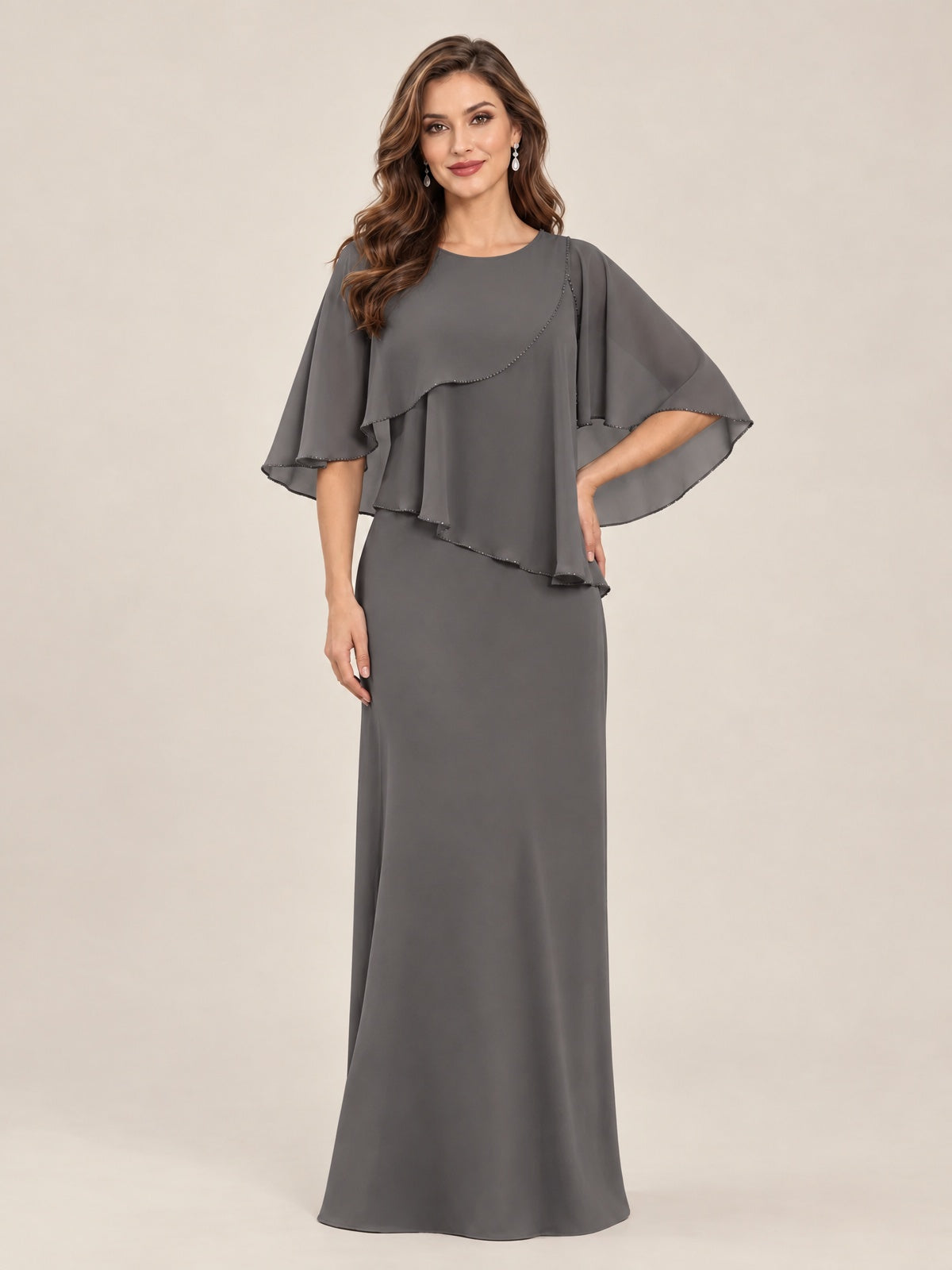Grey-Chiffon 2 Piece A Line Mother of The Bride Dresses with Cape