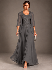 A-line 2 Pieces Chiffon Appliques Mother of The Bride Dresses with Jackets