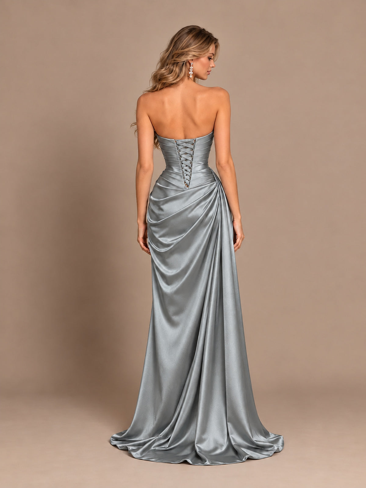 Dusty Blue Strapless Satin Prom Dress with Ruched Bodice and Slit