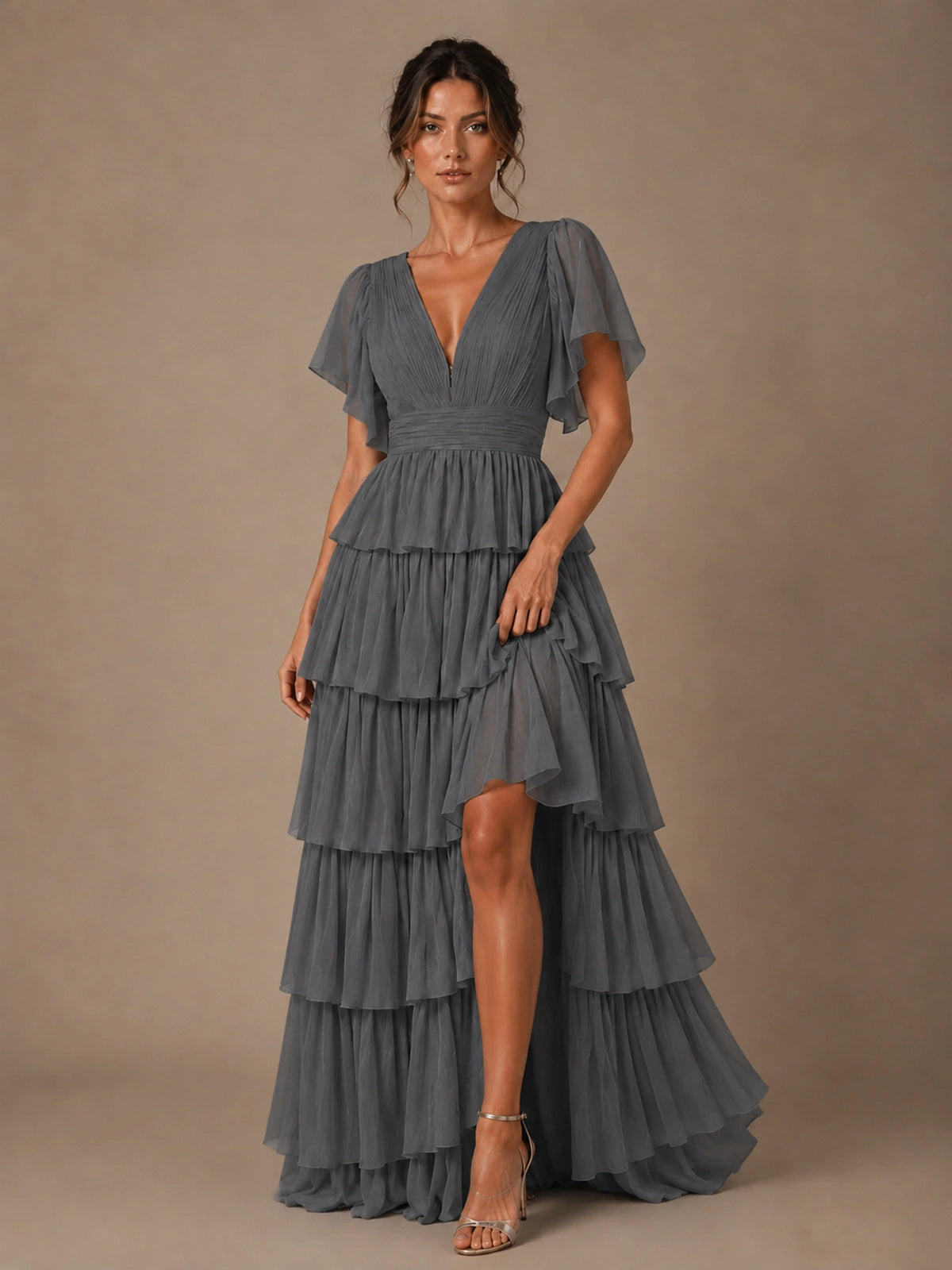 Chiffon V-Neck Tiered Ruffle Bridesmaid Dress with Slit