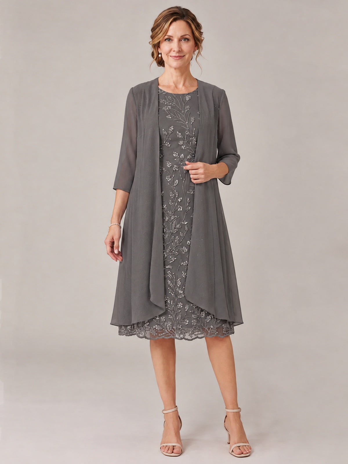 Grey-2 Piece Lace Appliques Chiffon Mother of The Bride Dress with Sequin