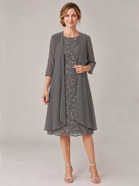 Grey-2 Piece Lace Appliques Chiffon Mother of The Bride Dress with Sequin