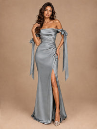 Off The Shuolder Satin Prom Dress Slit Mermaid Formal Gowns