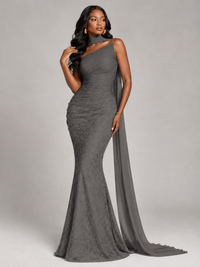 Pleated Chiffon Lace Prom Dresses Long Bodycon Mermaid with Scarf