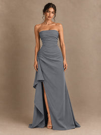 Black and White Strapless Ruched Prom Dress with High Slit & Side Drape