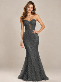 Strapless Corset Mermaid Prom Dress with Floral Lace Appliqué