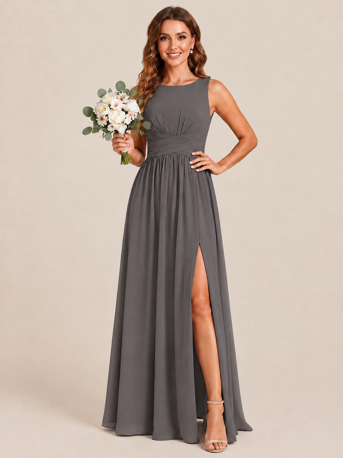 A-line Sleeveless Rucehd Chiffon Bridesmaid Dress with High Slit