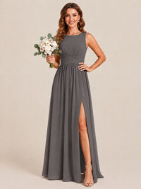 A-line Sleeveless Rucehd Chiffon Bridesmaid Dress with High Slit