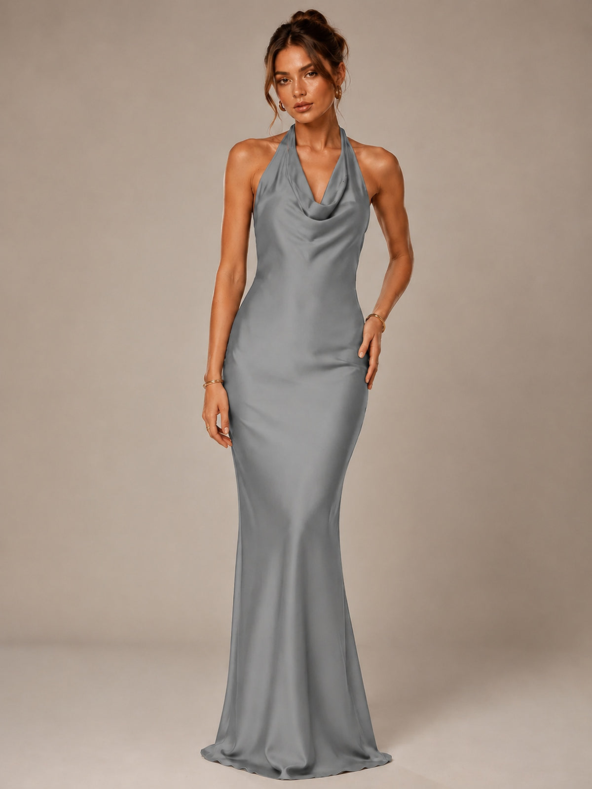Olive Green Halter Satin Mermaid Maxi Dress