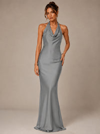 Olive Green Halter Satin Mermaid Maxi Dress