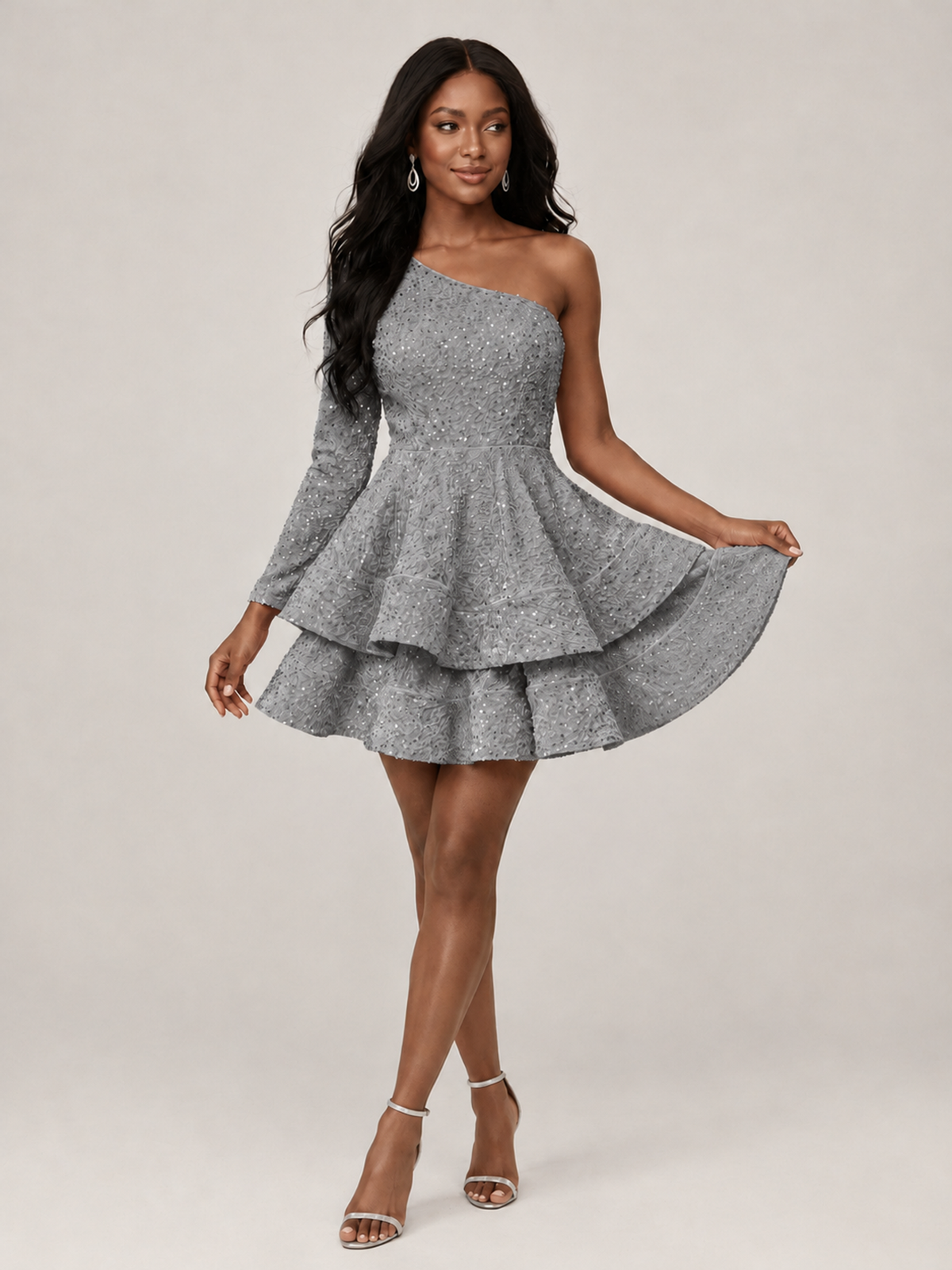 Puffy One Shoulder Sequin Tiered Mini Dress