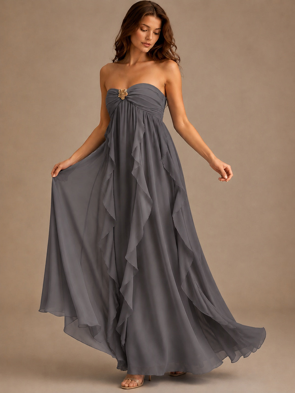 Srapless Sweetheart Chiffon Prom Dress Ruffle Formal Evening Gown