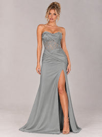 Strapless Satin Prom Dress with Sheer Lace Corset & High Slit