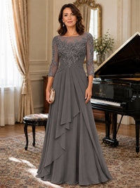 A-Line Chiffon Mother of the Bride Dress with Floral Applique 3/4 Sleeves