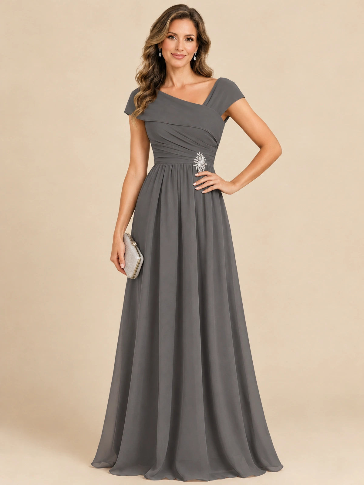 Cap Sleeve Mother of The Bride Dresses Long Chiffon Formal Gowns
